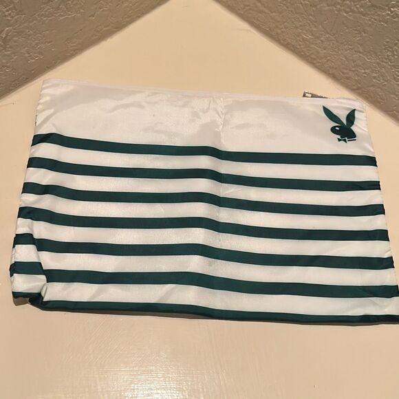 Playboy Zip Top Waterproof Beach Pouch White Green Stripe Toiletry Cosmetic Bag - Picture 1 of 9